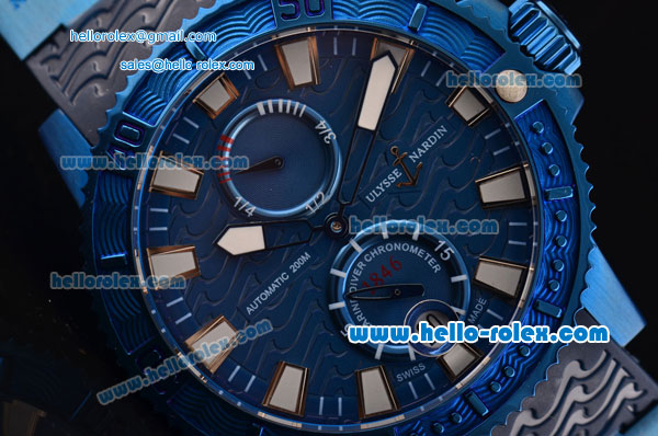 Ulysse Nardin Maxi Marine Diver Power Reserve Asia ST25 Automatic PVD Case with Blue Rubber Strap Blue Dial Stick Markers - Click Image to Close